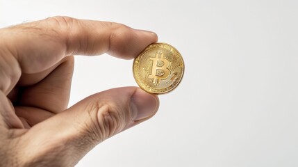 Person Holding a Golden Bitcoin On a White Background, Future Digital Money Currency Concept