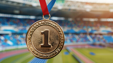 Close-up of a gold medal for first place, with a sports stadium in the background