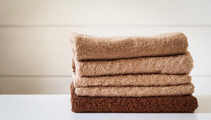 Obraz na płótnie Canvas Stack of folded brown towels on table, light wall on background. Home laundry. Housekeeping concept