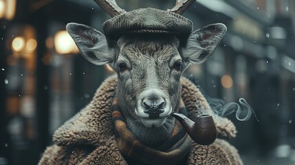   A deer wearing a hat and coat, holding a pipe in its mouth