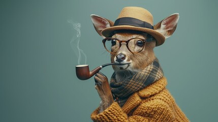   A deer donned in glasses, sweater, and hat, holds a pipe between its antlered head - appearing to smoke - obrazy, fototapety, plakaty