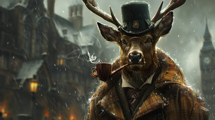   A deer donning a top hat, holding a pipe in its mouth and puffing on it