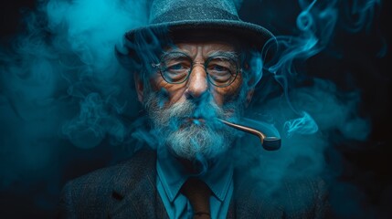   A man in a suit and tie holds a pipe between his teeth, emitting smoke from his mouth