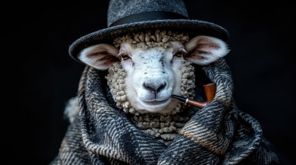   A sheep wearing a blanket and a hat, holding a pipe in its mouth