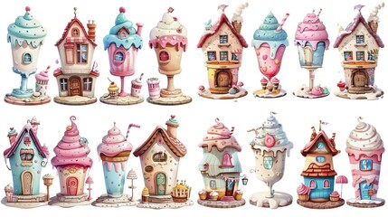 Naklejka premium cute fairytale cartoon house clipart isolated on white background, milk shake hut, Generative Ai