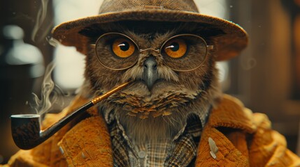   An owl wearing a hat with a pipe in its beak and glasses on its head - obrazy, fototapety, plakaty