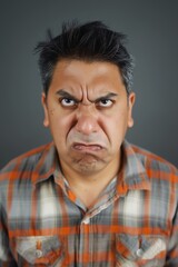 Obraz premium Angry serious latino man looking at the camera on gray background headshot mugshot.
