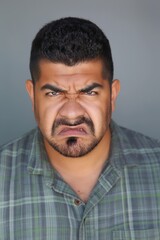 Fototapeta premium Angry serious latino man looking at the camera on gray background headshot mugshot.