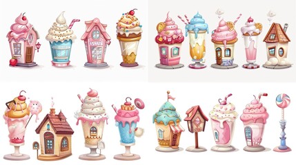 cute fairytale cartoon house clipart isolated on white background,  milk shake hut, Generative Ai