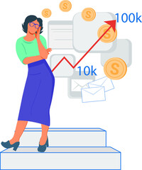 Pensive business woman standing near graphs of income growth. Business and finance growth, increased income and investment income.