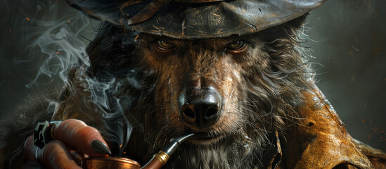 Obraz premium A painting of a wolf donning a hat, holding a pipe with emanating smoke