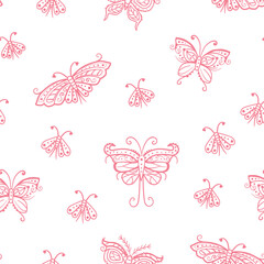 Fototapeta premium Pink butterflies in line style on a white background. Seamless repeated surface vector pattern design.