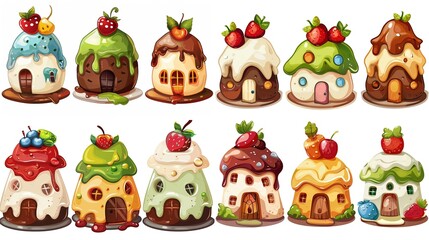 Naklejka premium cute fairytale cartoon house clipart isolated on white background, pudding cake hut, Generative Ai