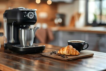 Selective focus on black modern coffee maker with ceramic cup and board with fresh croissant on wooden table against blurred kitchen interior. Tasty breakfast and espresso in the morning, copy space