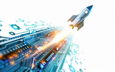 Rocket launching with binary code trail, isolated on white background - Tech startups business growth illustration. - obrazy, fototapety, plakaty