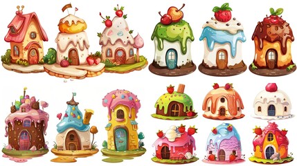 Naklejka premium cute fairytale cartoon house clipart isolated on white background, pudding cake hut, Generative Ai