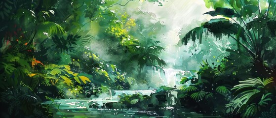 A lush green jungle with a stream running through it