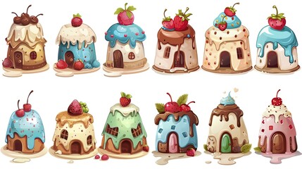 cute fairytale cartoon house clipart isolated on white background, pudding cake hut, Generative Ai