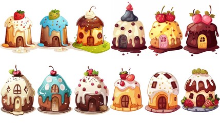 Obraz premium cute fairytale cartoon house clipart isolated on white background, pudding cake hut, Generative Ai