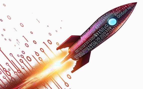 Rocket launching with binary code trail, isolated on white background - Tech startups business growth illustration.