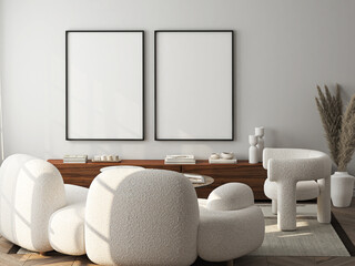 Frame mockup, ISO A paper size. Living room wall poster mockup. Interior mockup with house background. Modern interior design. 3D render
- 795622812