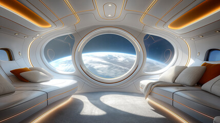 Futuristic Spacecraft Interior with Earth View from Porthole Windows