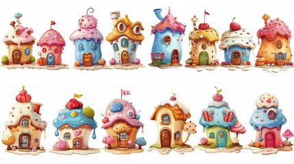 Fototapeta na wymiar cute fairytale cartoon house clipart isolated on white background, pudding cake hut, Generative Ai