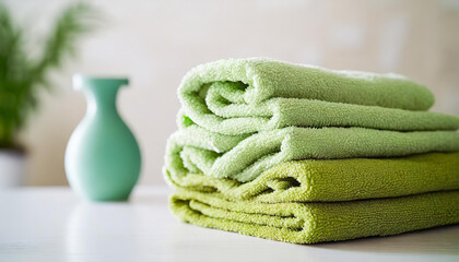 Stack of folded green towels on table, light wall on background. Home laundry. Housekeeping concept