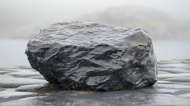   A large rock atop a grey-covered one, nestled by water's edge