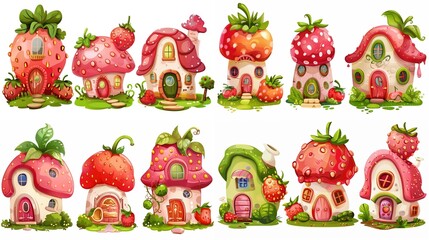cute fairytale cartoon house clipart isolated on white background, strawberry house,  generative Ai