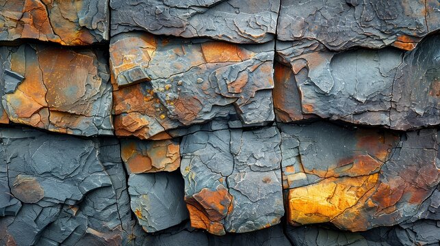   A tight shot of a rock wall with orange and blue hues painted on its sides, featuring a yellow mark in the center