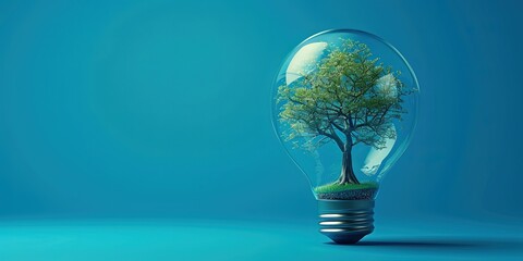 On a blue background, a bulb light with a tree inside