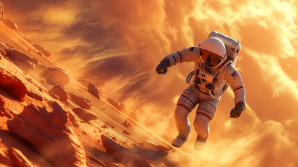Astronaut Exploring a Mars-Like Desert Planet Under an Orange Sky