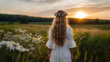 girl in flower wreath, white dress on field. Floral crown, symbol of summer solstice. Slavic ceremony on Midsummer. natural background, forest and meadow landscape