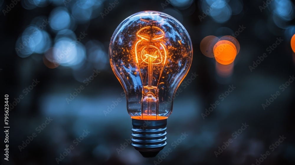 Poster a clear close-up of an illuminated light bulb with a softly blurred depiction inside it