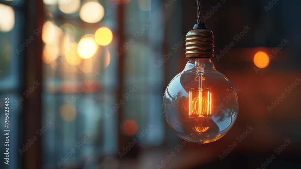 Poster a ceiling-mounted light bulb illuminates a room with a window behind it, revealing a faint, blurred 