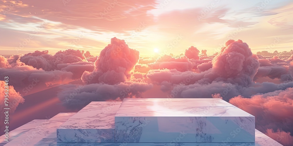Poster a white marble pedestal rests against an open sky and floating clouds of a red hue with sunlight fal