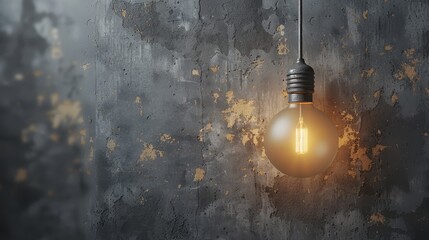   A light bulb dangles from a frayed wire against a concrete wall Peeling paint, revealing rust underneath, adorns the backdrop behind it