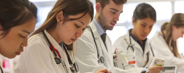 Fototapeta premium A few medical students training with stethoscope on the practical teaching.