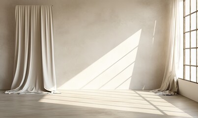 Neutral modern empty room with sunlight shade, white blank wall, beige linen curtain