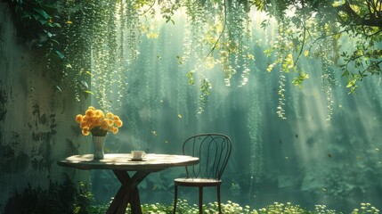   A table with a vase of flowers on it, adjacent to a chair Another table with a vase of flowers on top