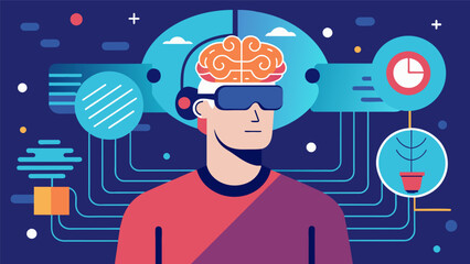 A man wearing a braincomputer interface and navigating through a virtual maze of his own subconscious thoughts and emotions..