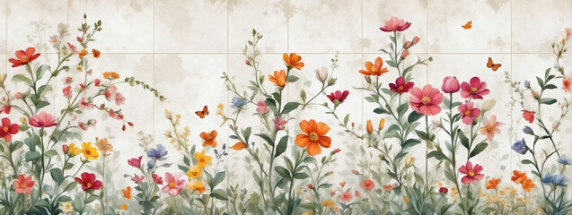 Whimsical Blossoms, Playful Flowers Dancing Across an Old White Wall, Inviting Creativity for Digital Wall Tile or Wallpaper Design.