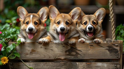 three cheerful puppies as they play on a wooden swing, their tails wagging with joy, against a backdrop of rustic charm.