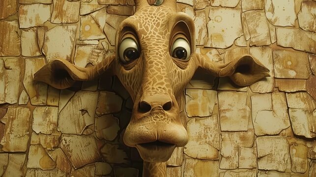   A wooden wall's section showcases a detailed giraffe head statuary