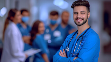 Fototapeta premium A friendly, young healthcare worker, male nurse smiles in a busy hospital environment, radiating positivity and care. 