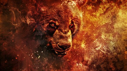   A tight shot of a bear's face amidst swirling red and yellow smoke, specked with gas flecks - obrazy, fototapety, plakaty