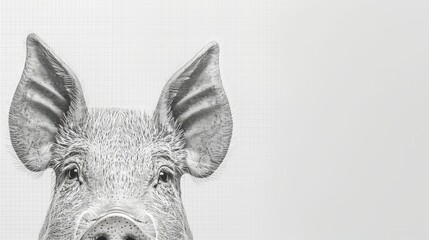   A black-and-white image of a pig's head next to a pen-and-ink drawing of a pig's face