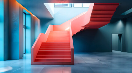 Escalera rosa con paredes azules