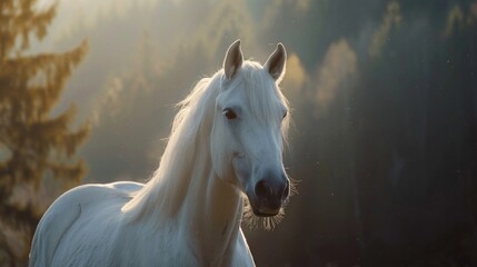 Majestic White Horse in Golden Sunset. Generative AI